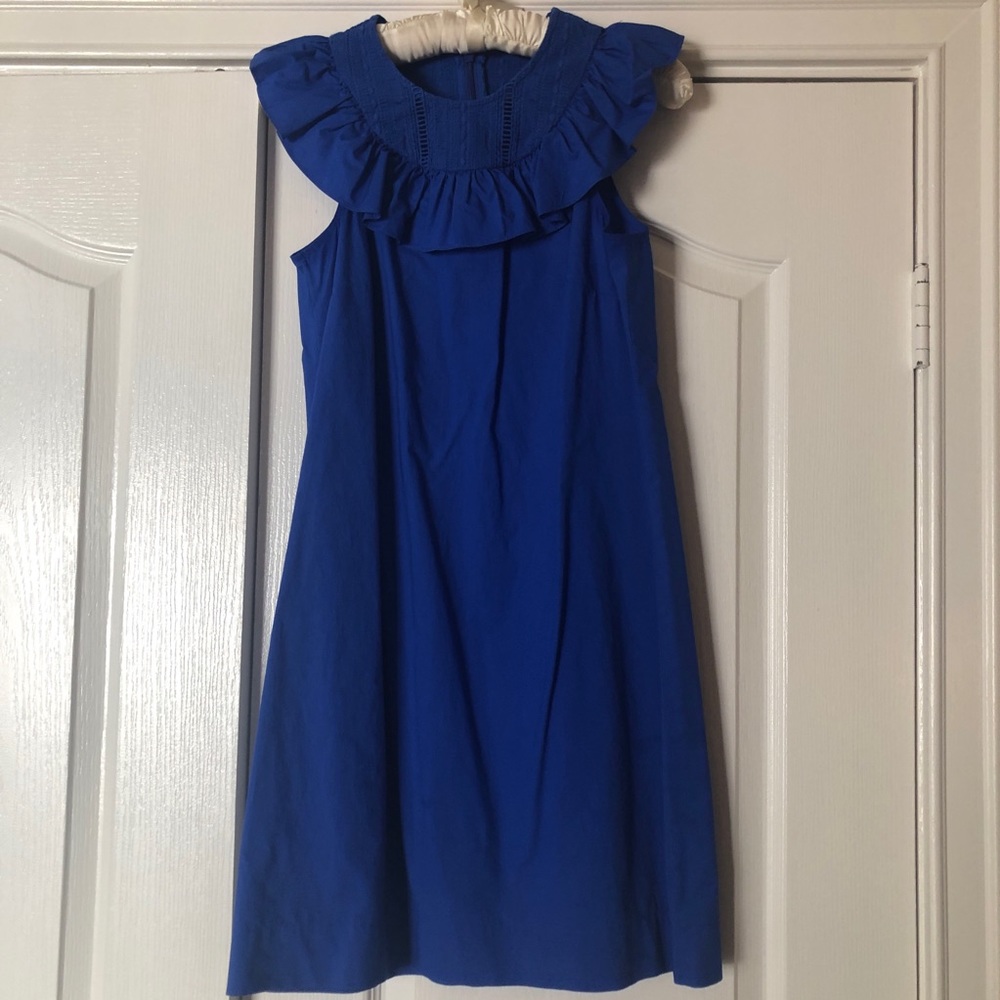 J. Crew Blue Ruffle Neck Shift Dress
